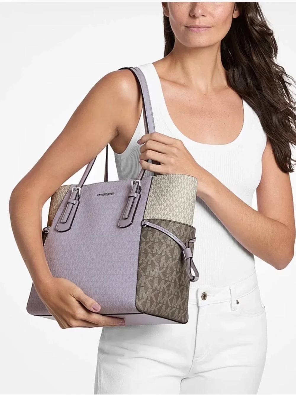 Michael Kors Voyager MK Logo Tote Shoulder Bag with Matching Wallet Lilac Multi